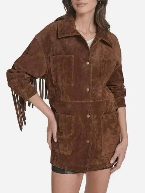 Levi’s Women’s Faux Suede Fringe Chore Coat Brown Snap Front Jacket - Picture 1 of 4
